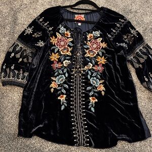 Johnny Was Black Velvet Blouse with Floral Embroidery